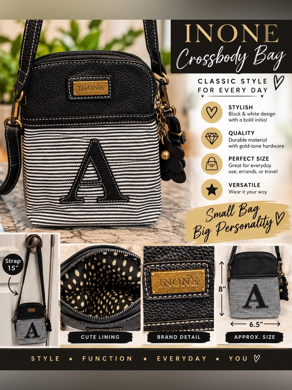 INONE Black & White Striped Crossbody Bag with 'A' Accent 8”x6.5” Strap 15”